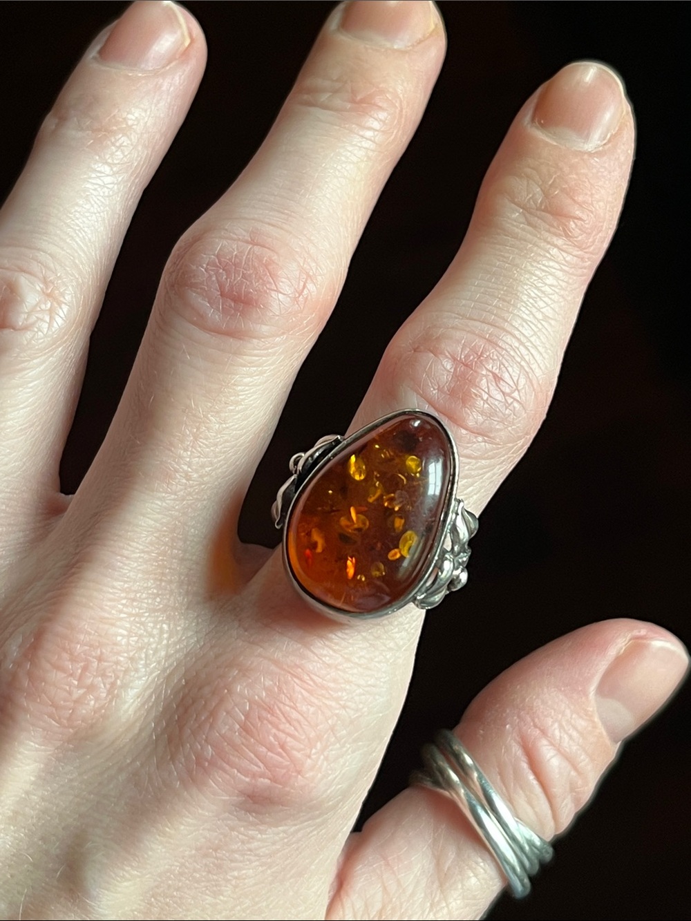 Art Nouveau Sterling Silver Large Cabochon Ring With Vine Leaf Detail Ring
